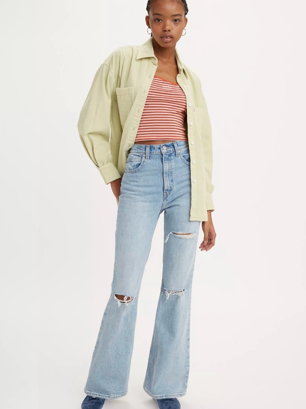 Levi's Premium '70s High Rise Flare Jeans in You and I Distressed Light Wash